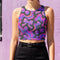Honey Dazed Brand body-hugging racerback crop top featuring Y2K-inspired print with purple gradient cherries, holographic bows, and swirling patterns in pink, purple, and blue on black background in performance knit fabric
