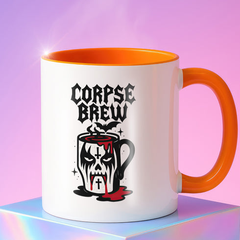 White ceramic coffee mug with “Corpse Brew” text and a spooky cartoon vampire face on a coffee pot. Available in black or orange handle and inner color variations. Standard 11 oz size. Glossy finish with a bold Halloween-inspired gothic design, perfect for horror fans, spooky coffee lovers, or goth kitchen aesthetics.