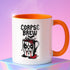 White ceramic coffee mug with “Corpse Brew” text and a spooky cartoon vampire face on a coffee pot. Available in black or orange handle and inner color variations. Standard 11 oz size. Glossy finish with a bold Halloween-inspired gothic design, perfect for horror fans, spooky coffee lovers, or goth kitchen aesthetics.