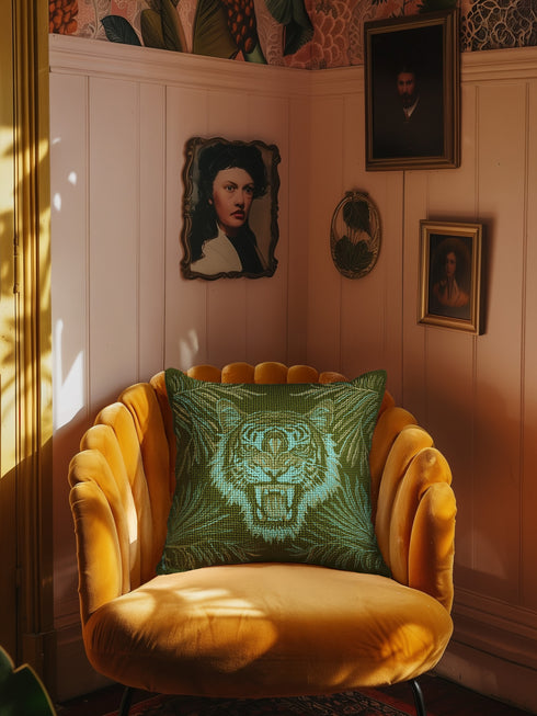 Square woven pillow featuring fierce turquoise tiger with bared fangs against olive green background surrounded by jungle leaves. Textured tapestry creates vibrant mid-century tiki decor perfect for rockabilly, maximalist room styling.