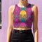 Vibrant Y2K maximalist crop top featuring bold pink tiger faces, tropical leaves, and geometric patterns in bright magenta, yellow, teal, and black colors. Perfect festival rave wear, alternative fashion, and retro summer styling for women who love aesthetic streetwear and unique animal print outfits