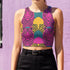 Vibrant Y2K maximalist crop top featuring bold pink tiger faces, tropical leaves, and geometric patterns in bright magenta, yellow, teal, and black colors. Perfect festival rave wear, alternative fashion, and retro summer styling for women who love aesthetic streetwear and unique animal print outfits