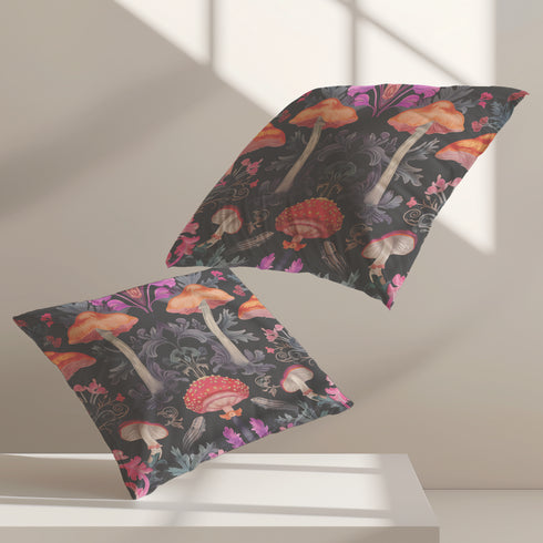 Designer throw pillow cover featuring an intricate mushroom and foliage pattern in warm oranges, soft pinks, and regal purples against a dark background.