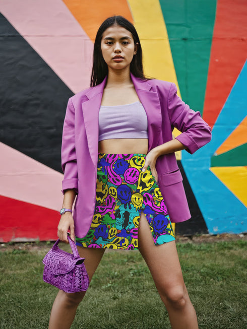Vibrant mini skirt featuring an eye-popping psychedelic print of melting smiley faces and skulls in neon pink, bright yellow, electric blue, and lime green. The skirt has a distinctive side slit and sits above knee-length with a figure-hugging silhouette. Shown styled with various tops including a black crochet halter, black bustier, and purple blazer against colorful graffiti backdrops. The bold pattern makes this an unmissable statement piece with serious punk-meets-pop-art attitude.