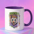 White ceramic coffee mug with pink or orange interior and handle, featuring a double-sided colorful design of a screaming possum wearing a flower crown with the phrase “The Future is Femme & Feral.” The design includes skulls and feminist symbols with a neon, pastel, and spooky aesthetic. Available in 11oz and 15oz.