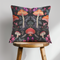 Designer throw pillow cover featuring an intricate mushroom and foliage pattern in warm oranges, soft pinks, and regal purples against a dark background.