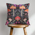 Designer throw pillow cover featuring an intricate mushroom and foliage pattern in warm oranges, soft pinks, and regal purples against a dark background.