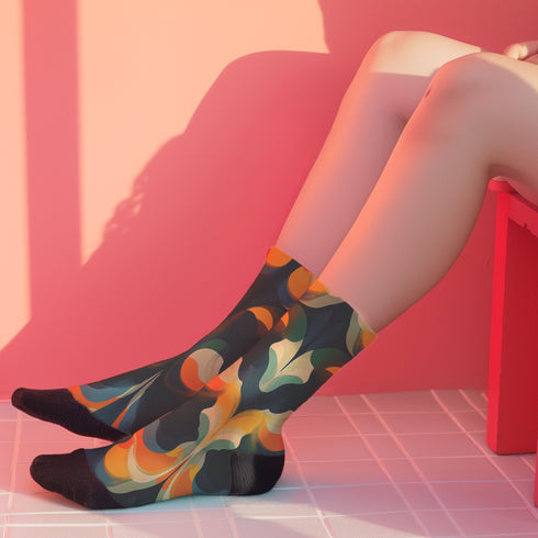 Crew socks featuring a bold ‘70s-style abstract swirl pattern in deep green, orange, yellow, and navy blue.