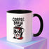 White ceramic coffee mug with “Corpse Brew” text and a spooky cartoon vampire face on a coffee pot. Available in black or orange handle and inner color variations. Standard 11 oz size. Glossy finish with a bold Halloween-inspired gothic design, perfect for horror fans, spooky coffee lovers, or goth kitchen aesthetics.