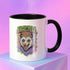 White ceramic coffee mug with pink or orange interior and handle, featuring a double-sided colorful design of a screaming possum wearing a flower crown with the phrase “The Future is Femme & Feral.” The design includes skulls and feminist symbols with a neon, pastel, and spooky aesthetic. Available in 11oz and 15oz.
