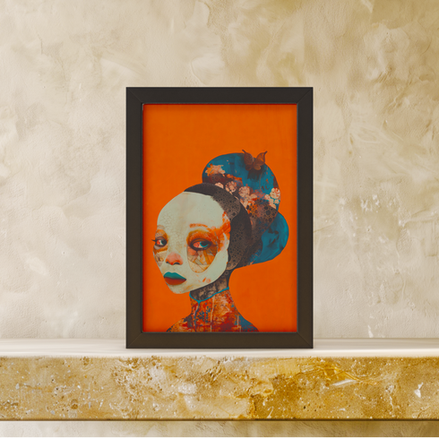 Avant-garde digital portrait of an African woman with striking features against a vivid orange background. An elaborate headdress of dark, floral elements creates a stunning contrast, embodying surrealist themes and African cultural motifs.
