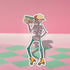 Sticker featuring a skeleton wearing a cowboy hat and holding a boombox on its shoulder, clad in roller skates. Perfect for adding a playful touch to any surface.