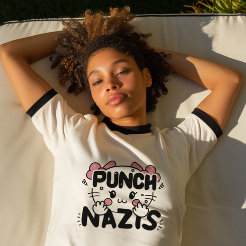 Off-white ringer t-shirt with black contrast trim on the collar and sleeve cuffs. The front features a bold, kawaii-inspired graphic of a cute cat with pink bows, blushing cheeks, and an assertive expression. Above the cat, the phrase "PUNCH" is written in bold, black capital letters, while below, "NAZIS" is displayed in a matching bold font. The cat’s paws are raised, playfully flipping off the viewer, adding a rebellious edge to the design. The t-shirt has a vintage-inspired fit, made from soft cotton fab