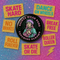 Pinback button badge featuring a saint-inspired roller skater wearing pads and a helmet, with pink hair and teal robes. Surrounded by retro starbursts, the black button reads “Saints Wear Pads Catching Elbows” in pastel pink and teal lettering. Design is bold, colorful, and printed on a glossy metal surface with a classic safety pin back. Available in 2.25" or 3" sizes.