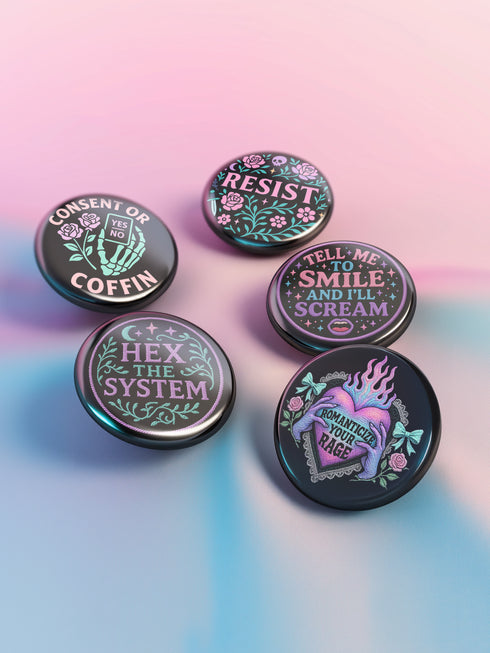 Set of five 2.25-inch round button pins featuring feminist and witchy designs with pastel artwork on a black background. Includes slogans like “Hex the System,” “Tell Me to Smile and I’ll Scream,” “Romanticize Your Rage,” “Consent or Coffin,” and “Resist.” Each button has a safety pin backing, a durable tinplate body, and a glossy, scratch and UV-resistant finish with purple, pink, teal, and mint accents.