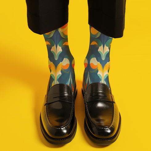 Crew socks featuring a bold ‘70s-style abstract swirl pattern in deep green, orange, yellow, and navy blue.