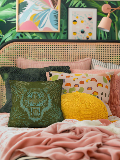 Square woven pillow featuring fierce turquoise tiger with bared fangs against olive green background surrounded by jungle leaves. Textured tapestry creates vibrant mid-century tiki decor perfect for rockabilly, maximalist room styling.