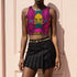 Vibrant Y2K maximalist crop top featuring bold pink tiger faces, tropical leaves, and geometric patterns in bright magenta, yellow, teal, and black colors. Perfect festival rave wear, alternative fashion, and retro summer styling for women who love aesthetic streetwear and unique animal print outfits