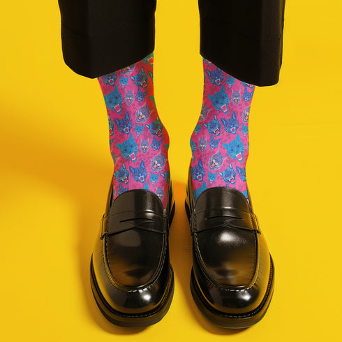 Fun and playful socks adorned with vibrant tiger head motifs on a pink background, with black heels and toes, ideal for animal lovers and those who enjoy unique designs