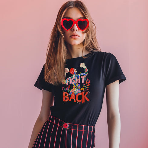 Black T-shirt with a bold "Fight Back" design featuring a woman raising her fists, surrounded by colorful floral details.
