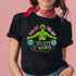 Black unisex t-shirt featuring "MY BODY MY RIGHTS" text with vibrant embroidery-style design of green skeleton figure and colorful flowers. Feminist pro-choice shirt with neon pink, blue, and yellow details available in sizes S-3XL in cotton-poly blend.