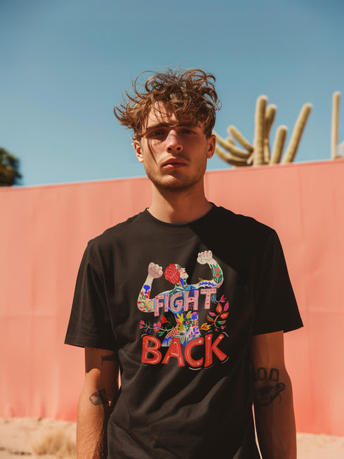 Black T-shirt with a bold "Fight Back" design featuring a woman raising her fists, surrounded by colorful floral details.