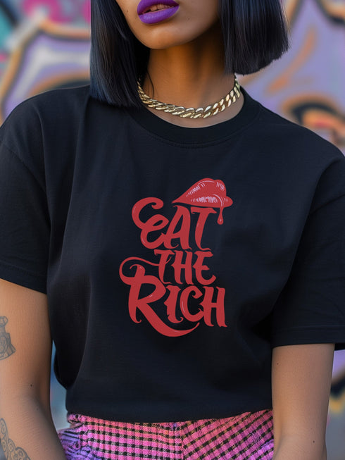 Black t-shirt with vibrant multicolored patterned raised fist graphic and blue "RESIST" text underneath. Rainbow activist protest shirt with psychedelic design elements on cotton-polyester blend.