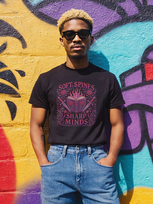Unisex black t-shirt featuring a faux-embroidered design of a flaming open book with roses and dual daggers, surrounded by gothic flourishes and text that reads “Soft Spines, Sharp Minds.” Printed in vivid pink and red tones with ornate detailing. Available in 100% cotton or vintage-feel cotton/poly blend, sizes S–3XL. Perfect for goth book lovers, alt fashion fans, and anyone who blends brains with rebellion.