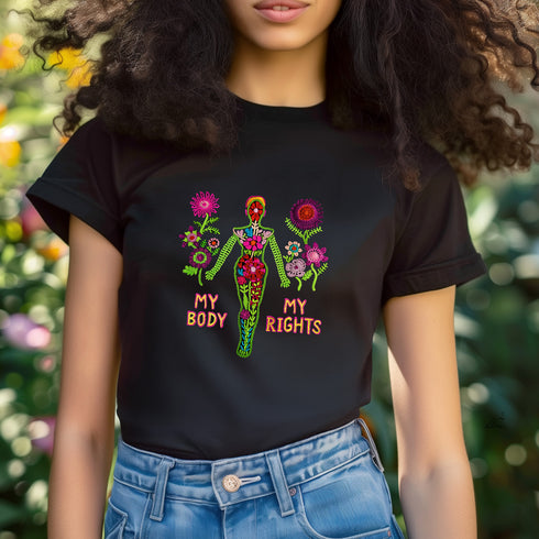 Black unisex t-shirt with "MY BODY MY RIGHTS" design featuring neon green female figure filled with vibrant pink and red flowers. Feminist pro-choice shirt with colorful text, available in cotton-poly blend, sizes S-3XL.