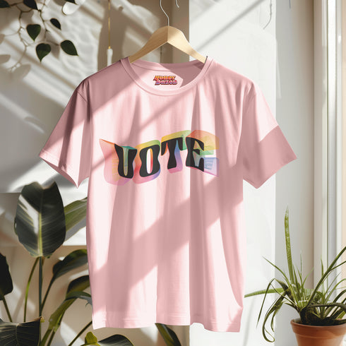 Election 2024 t-shirt with "VOTE" printed in large, colorful letters. Each letter features a different color from the rainbow spectrum, styled in a groovy 70s-inspired font.