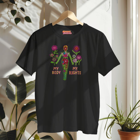 Black unisex t-shirt with "MY BODY MY RIGHTS" design featuring neon green female figure filled with vibrant pink and red flowers. Feminist pro-choice shirt with colorful text, available in cotton-poly blend, sizes S-3XL.