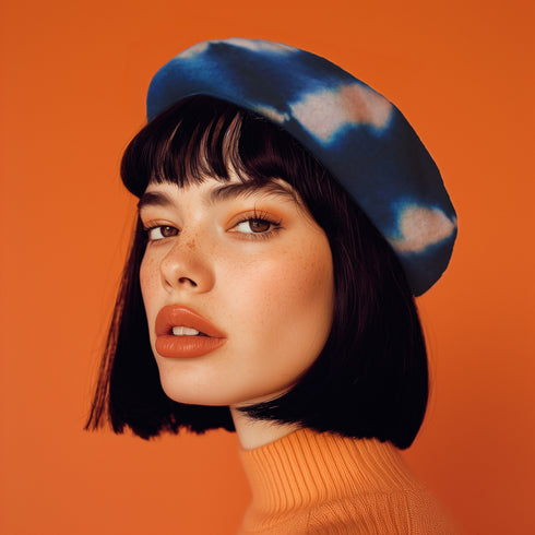 A wool beret with a hand-dyed pattern in deep indigo blue and white. The beret has a soft, rounded shape with a small fabric loop on top, creating a classic, French-inspired look. The pattern features irregular, organic shapes resembling a tie-dye effect, giving it a modern, artistic vibe.