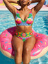 Colorful high waisted bikini set with bold floral and checkerboard print featuring pink, red, yellow, green, blue, and white tones. Scoop neck bikini top with wide straps and matching high rise bottoms with structured waistband. Smooth stretch swim fabric with symmetrical floral motifs and graphic checker pattern. Bright, retro-inspired design with vibrant color blocking and modern sporty silhouette.
