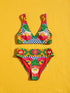 Colorful high waisted bikini set with bold floral and checkerboard print featuring pink, red, yellow, green, blue, and white tones. Scoop neck bikini top with wide straps and matching high rise bottoms with structured waistband. Smooth stretch swim fabric with symmetrical floral motifs and graphic checker pattern. Bright, retro-inspired design with vibrant color blocking and modern sporty silhouette.