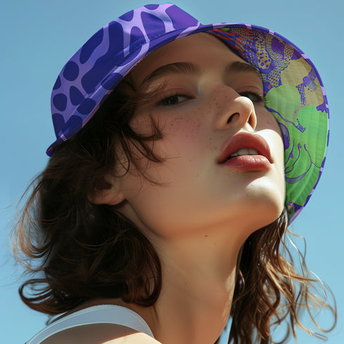 Reversible unisex bucket hat featuring two distinct designs - one side showcases a vibrant floral pop art pattern with purple, pink, green and blue splashes and organic flower motifs, while the reverse side displays a purple giraffe print pattern with dark purple giraffe spots on a light purple background. Made from 100% polyester with textured linen feel, this moisture-wicking and breathable hat is available in XS, S/M, and L/XL sizes for ultimate style versatility.