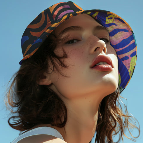 Reversible bucket hat with a bold all-over psychedelic tiger stripe print in pink, blue, yellow, and black; made of moisture-wicking polyester with a linen-texture feel; available in sizes XS, S/M, and L/XL; features two different sides with unique patterns.