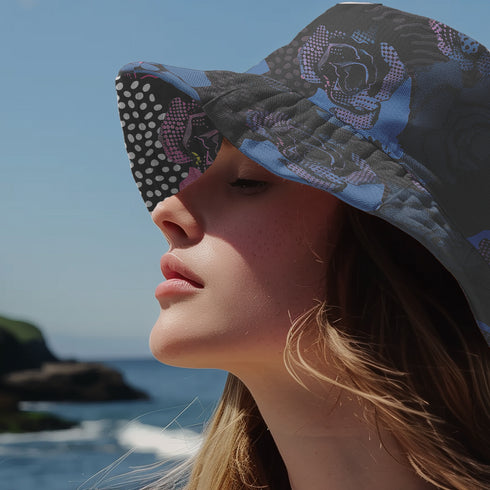 Abstract pop art floral bucket hat featuring a vibrant and bold artistic design with colorful floral motifs in bright pink, orange, yellow, blue, and black tones. The design showcases oversized abstract flowers, coral-like organic shapes, and decorative patterns with dots and stripes in a contemporary pop art style. Made from 100% polyester with textured linen feel, this moisture-wicking and breathable unisex hat is available in XS, S/M, and L/XL sizes, perfect for festivals, streetwear, and artistic fashio