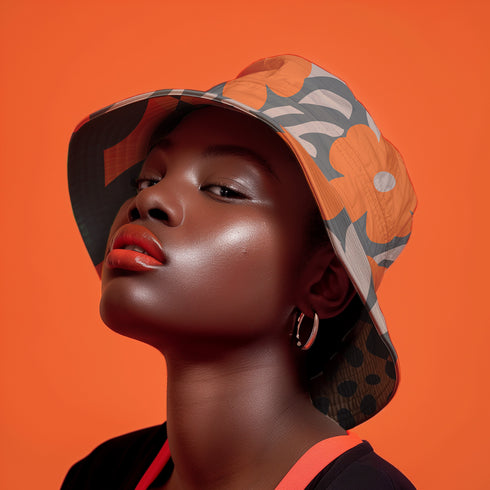 Reversible unisex bucket hat featuring two distinct retro-inspired designs - one side showcases a vibrant 70s-style floral pattern with large orange and yellow flowers, green leaves, and black polka dot accents on cream and coral backgrounds, while the reverse side displays a sophisticated brown and beige floral pattern with orange blooms and neutral tones. Made from 100% polyester with textured linen feel, this moisture-wicking and breathable hat is available in XS, S/M, and L/XL sizes, perfect for vintage