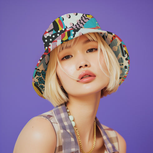 A reversible 90s-inspired bucket hat with two maximalist designs. One side showcases a colorful collage of polka dots and abstract patchwork shapes in vibrant reds, yellows, greens, and blues, evoking a playful retro feel. The opposite side features a contrasting blue-toned leopard print with geometric accents, adding an edgy streetwear flair. The hat has a soft linen-textured polyester fabric that’s lightweight, moisture-wicking, and breathable.