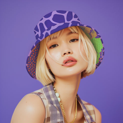 Reversible unisex bucket hat featuring two distinct designs - one side showcases a vibrant floral pop art pattern with purple, pink, green and blue splashes and organic flower motifs, while the reverse side displays a purple giraffe print pattern with dark purple giraffe spots on a light purple background. Made from 100% polyester with textured linen feel, this moisture-wicking and breathable hat is available in XS, S/M, and L/XL sizes for ultimate style versatility.