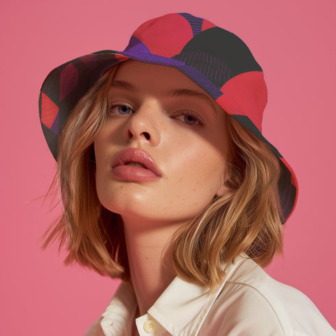 Reversible unisex bucket hat featuring two distinct geometric designs - one side showcases a bold abstract pattern with angular shapes in vibrant purple, pink, red, and black creating dynamic geometric forms and diamond-like structures, while the reverse side displays a contemporary abstract composition with curved organic shapes, linear textures, and color-blocking in purple, red, and black tones. Made from 100% polyester with textured linen feel, this moisture-wicking and breathable hat is available in XS