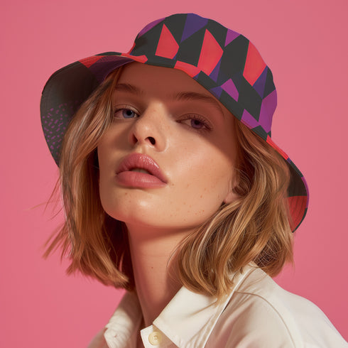 Reversible unisex bucket hat featuring two distinct geometric designs - one side showcases a bold abstract pattern with angular shapes in vibrant purple, pink, red, and black creating dynamic geometric forms and diamond-like structures, while the reverse side displays a contemporary abstract composition with curved organic shapes, linear textures, and color-blocking in purple, red, and black tones. Made from 100% polyester with textured linen feel, this moisture-wicking and breathable hat is available in XS