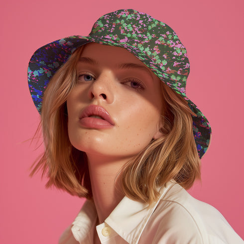 Vibrant snakeskin pattern bucket hat in green, purple, and pink hues,