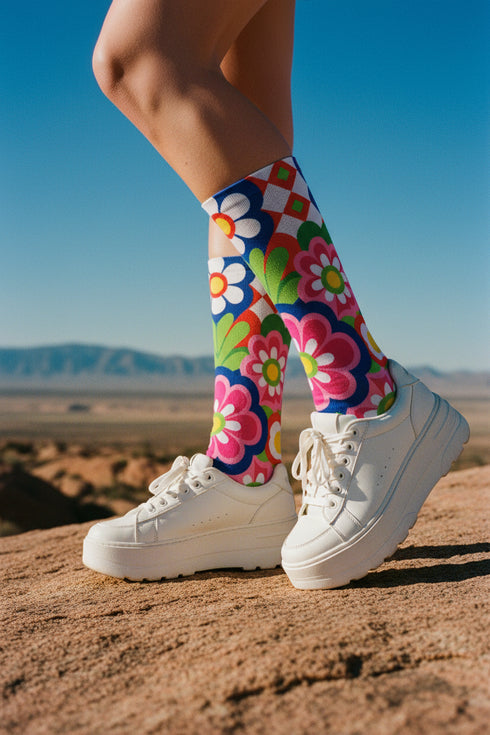 Mid-calf crew sock with a bold 70s psychedelic floral print. The design mixes a red and white diagonal checkerboard with oversized retro flowers, including white daisies with bright yellow centers and a large hot pink bloom with a white inner layer, set over a royal blue background with green leafy foliage. The toe and heel are solid black. The fabric is a soft, stretchy printed knit, made as a one-size unisex statement sock for maximalist and dopamine dressing looks.