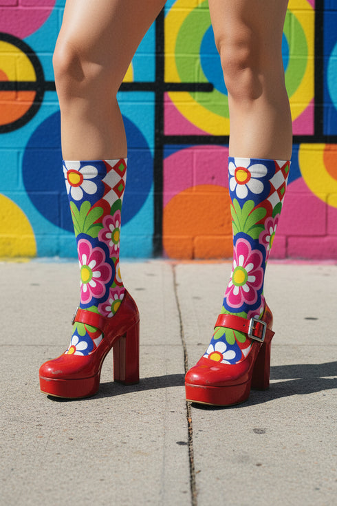 Mid-calf crew sock with a bold 70s psychedelic floral print. The design mixes a red and white diagonal checkerboard with oversized retro flowers, including white daisies with bright yellow centers and a large hot pink bloom with a white inner layer, set over a royal blue background with green leafy foliage. The toe and heel are solid black. The fabric is a soft, stretchy printed knit, made as a one-size unisex statement sock for maximalist and dopamine dressing looks.