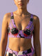Two piece pastel goth bikini with a v neck top and high waisted bottom. The purple top is covered in large black cherries dripping red, tiny flying bats, and white sparkle stars. The high cut bottoms show a pink, lavender, black, and cream checkerboard overlaid with black thorny vines and dripping red hearts. Soft, stretchy recycled polyester fabric with UPF 50 sun protection and removable padding. Creepy cute whimsigoth swimwear for spooky summer pool days, haunted beach trips, and music festivals.