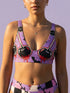 Two piece pastel goth bikini with a v neck top and high waisted bottom. The purple top is covered in large black cherries dripping red, tiny flying bats, and white sparkle stars. The high cut bottoms show a pink, lavender, black, and cream checkerboard overlaid with black thorny vines and dripping red hearts. Soft, stretchy recycled polyester fabric with UPF 50 sun protection and removable padding. Creepy cute whimsigoth swimwear for spooky summer pool days, haunted beach trips, and music festivals.