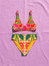 Vibrant two piece maximalist bikini with a v neck bralette top and high waisted bottom. The fabric mixes a bright yellow and hot pink gingham checkerboard with oversized neon pink and red cherries, green leaves, and semicircle watermelon shapes with white dots along the lower edge. Smooth, stretchy recycled polyester with UPF 50 sun protection and removable padding. Bold retro pop art swimwear in saturated dopamine colors, built for pool parties, vacation outfits, and fun beach days.
