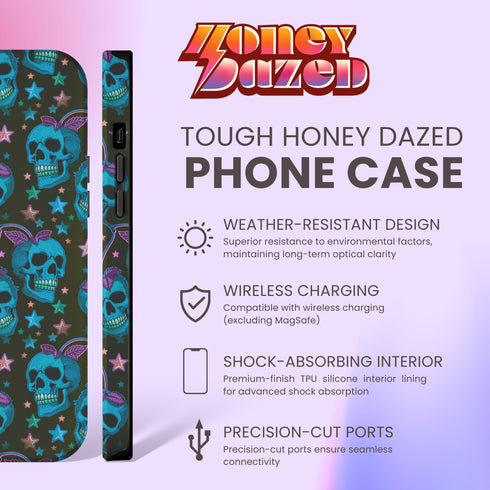 Black phone case featuring bright electric blue skulls with purple cherry stems and colorful stars scattered throughout the pattern. Gothic yet playful design.