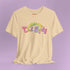 An election 2024 t-shirt with a colorful retro-style graphic that reads "Childless Cat Lady" across the chest. The text is in a playful, curvy font with each word in a different color - "Childless" in yellow-green, "Cat" in pink, and "Lady" in purple. Small cat face icons are incorporated into the letters 'a' in "Cat" and "Lady".